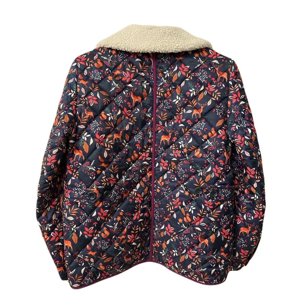 Talbots Womens Size XS Navy Ditsy Woodland Animal Print Quilted Bomber Jacket
